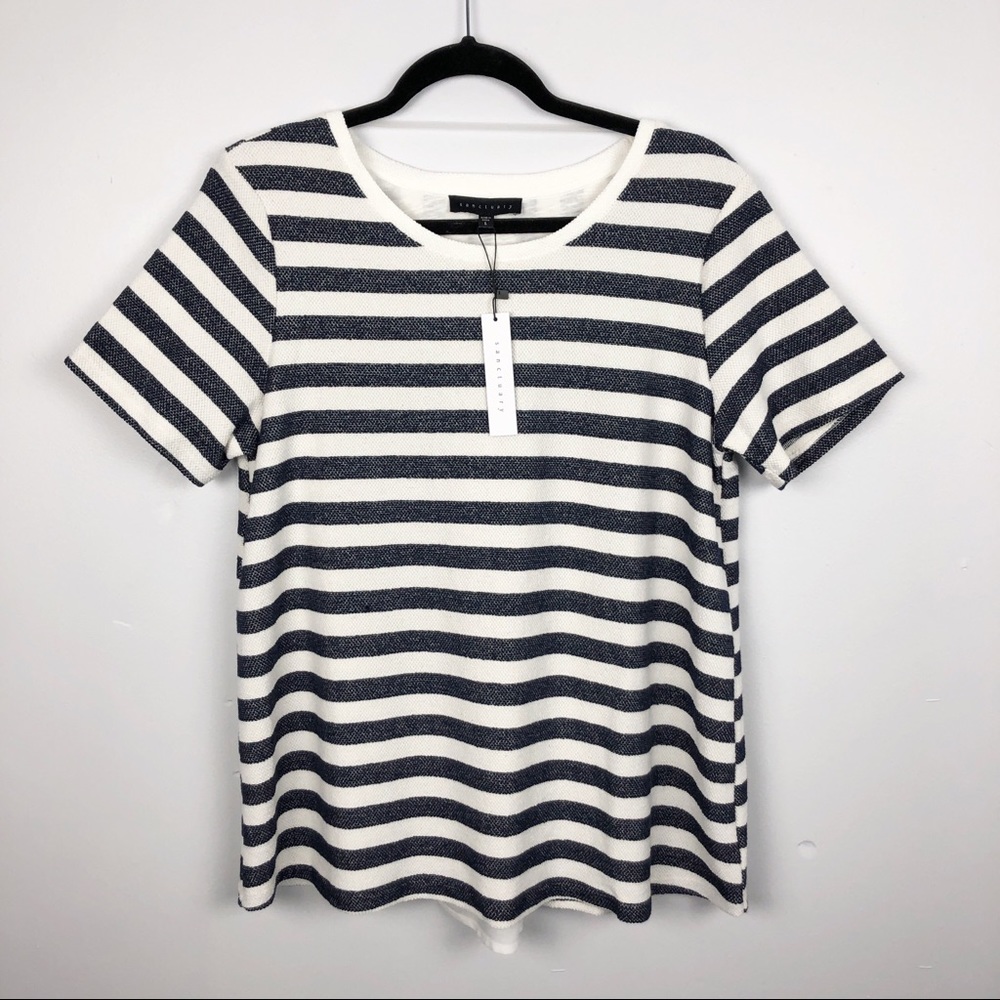 Sanctuary Textured Knit Stripe Short Sleeve Top Blue White Large